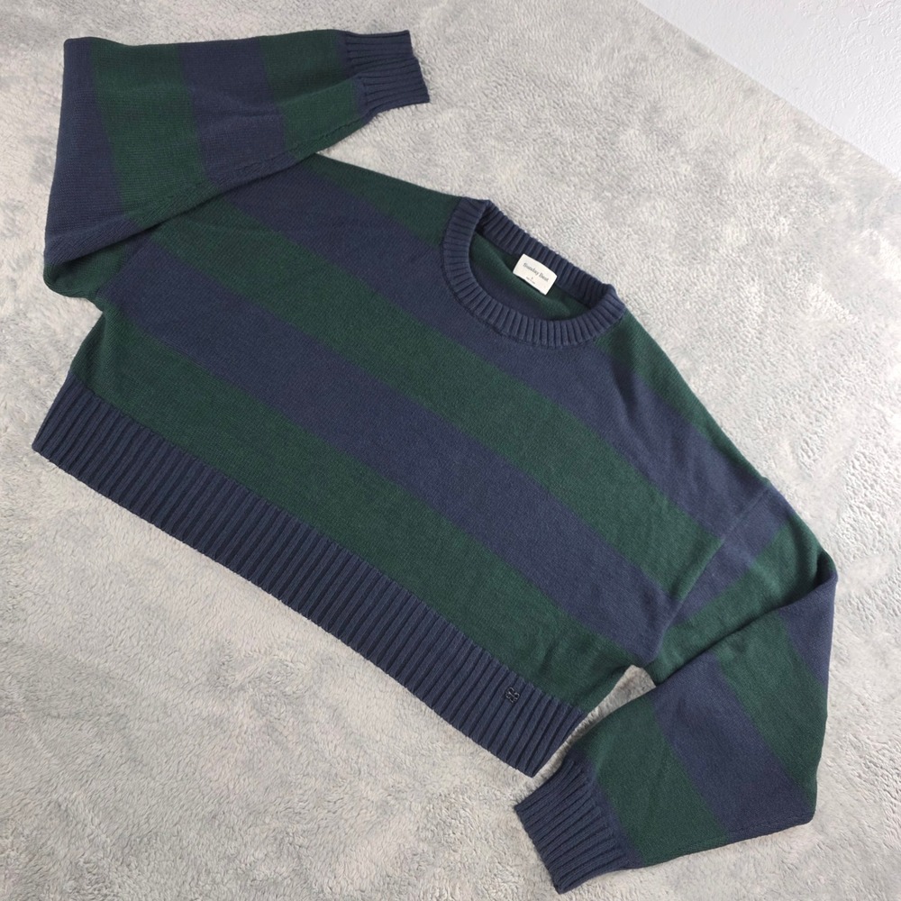 Sunday Best Aritzia Women Sm Green Navy Striped Cotton Cashmere Cropped Sweater
